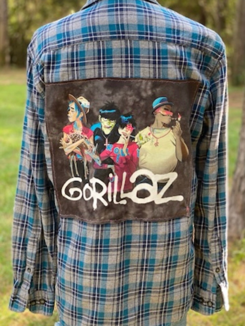 Upcycled Gorillaz Plaid Patch Back Flannel Shirt - Blue & Gray